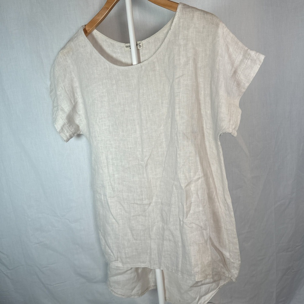 Terzo Millennio Italy Linen Tunic Top Womens Small Beige Short Sleeve ButtonBack